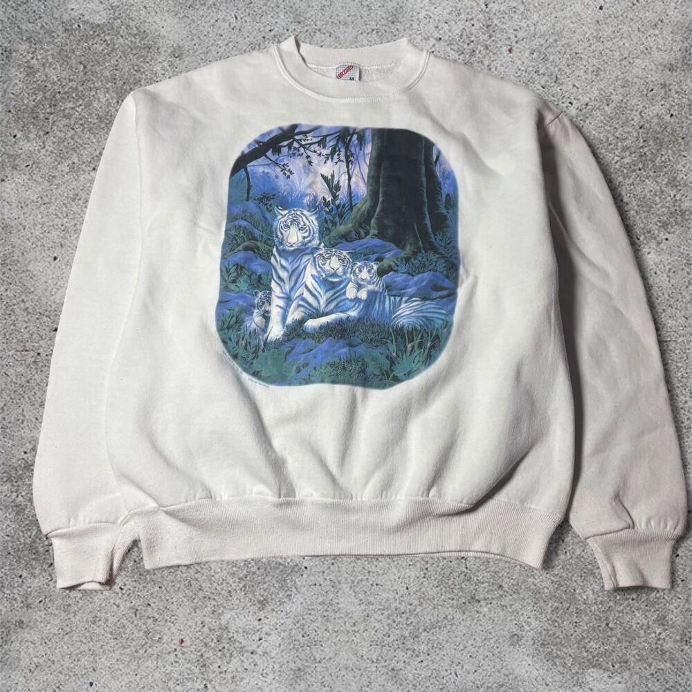 90s Vintage Jerzees White Tiger Animal Print Crewneck Sweatshirt Nature Medium